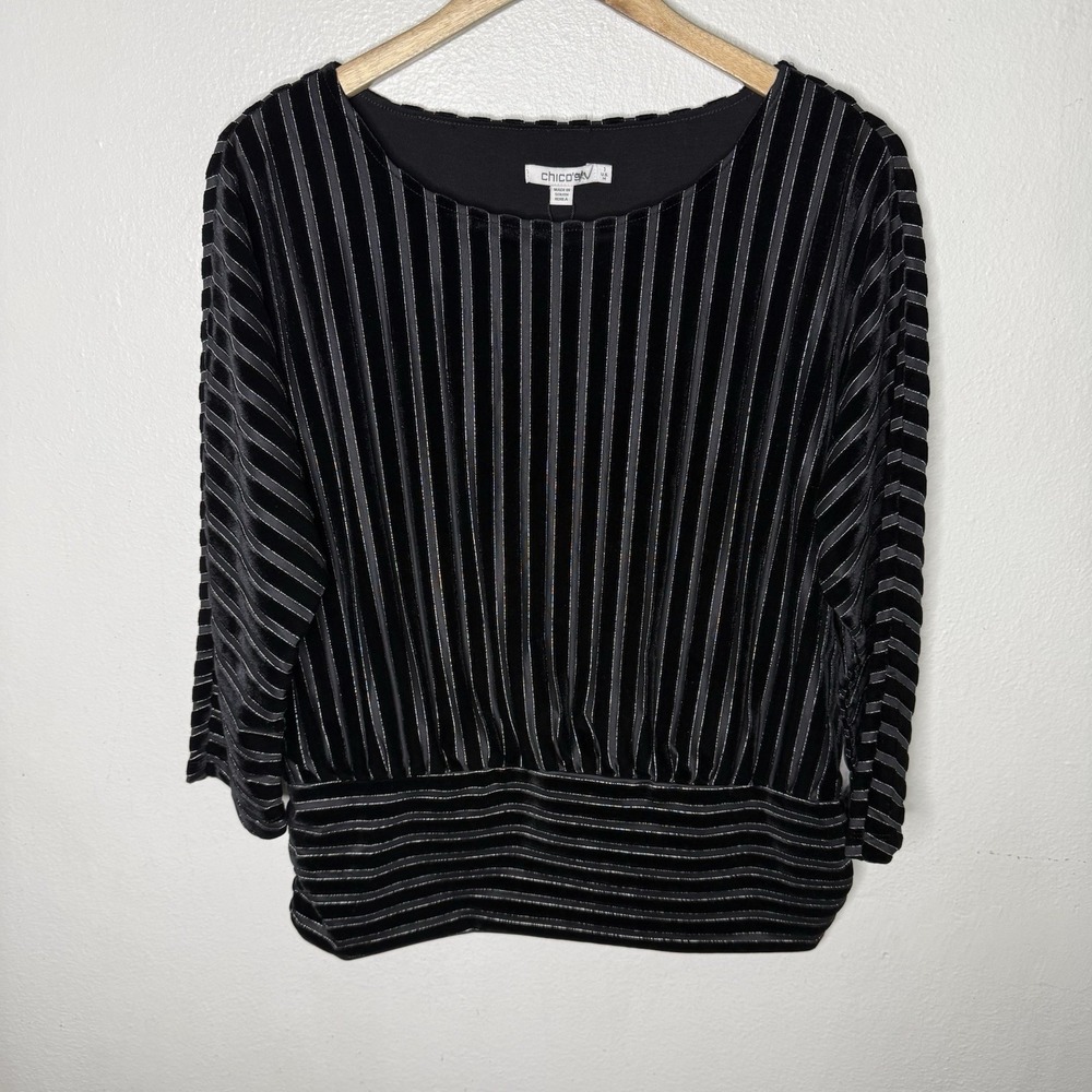 New‎ Chicos Velvet Burnout Black Stripe Banded Bottom Top Size 1 US Medium
